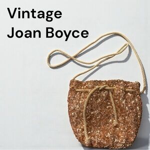 Vintage Joan Boyce Gold Sequin Drawstring Bucket Bag Rope Strap Evening Purse